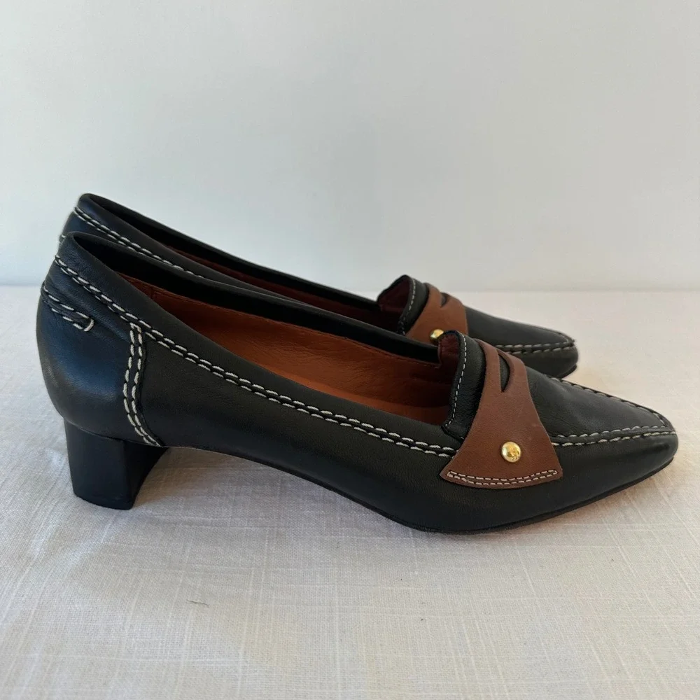 Johnston & Murphy Black Leather Loafer Heels Square Toe‎ Womens Size 7